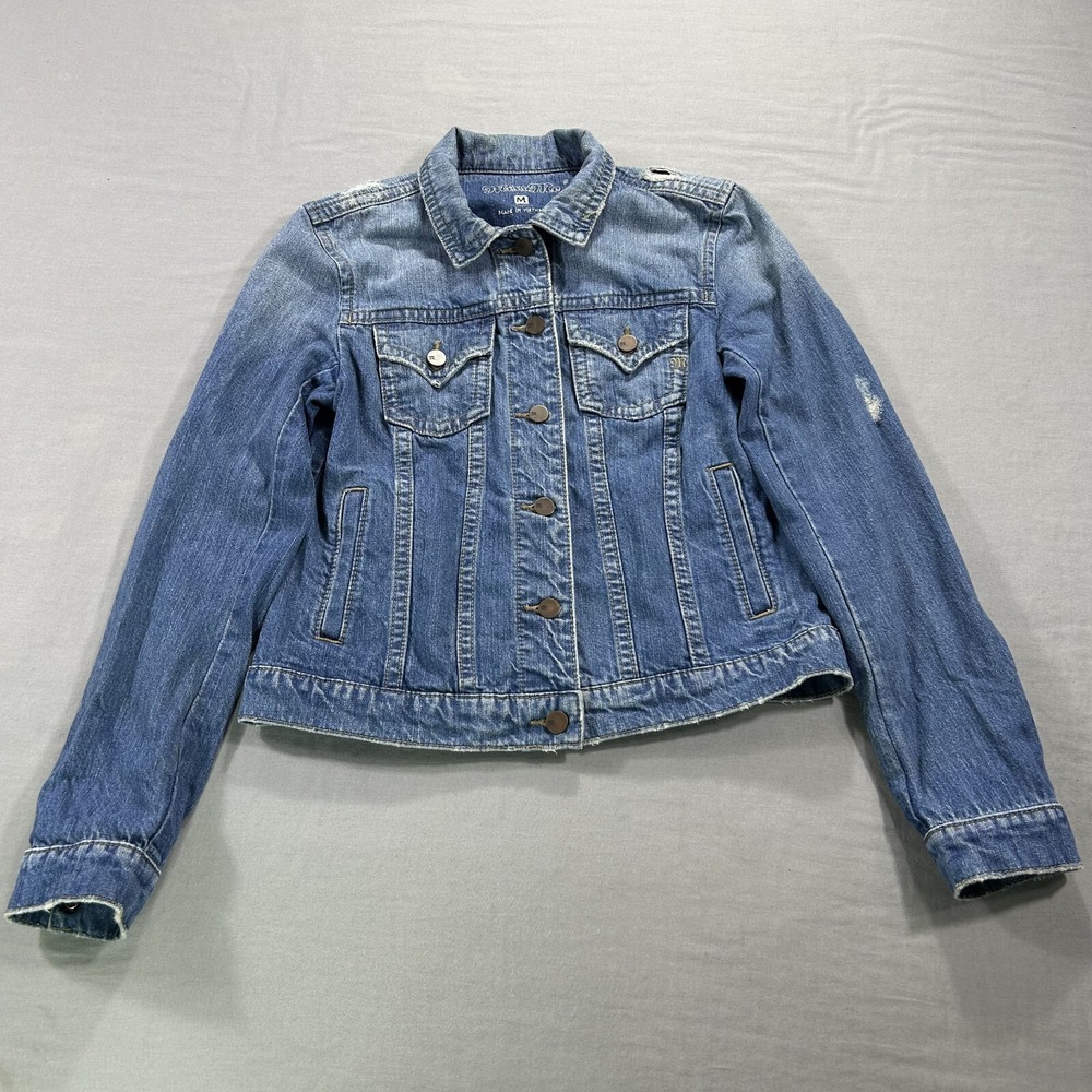 Miss Me Denim Jacket Womens Medium Blue Cropped Button Up Flap Pocket Distressed